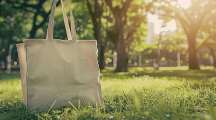 A sturdy, beige tote bag sits on lush grass in a sunlit park, suggesting a tranquil afternoon spent enjoying nature's vibrant embrace.