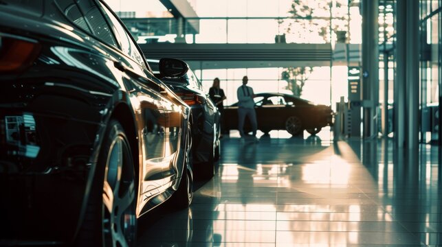 A showroom floor bathed in warm sunlight showcases sleek, modern cars with people in the background, capturing a busy automotive environment.