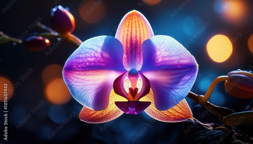 Poster Vibrant Macro Close-Up of a Colorful Orchid Flower with Intricate Veins and Radiant Petals, Illuminated by a Soft Bokeh Light Effect in a Deep Blue Background