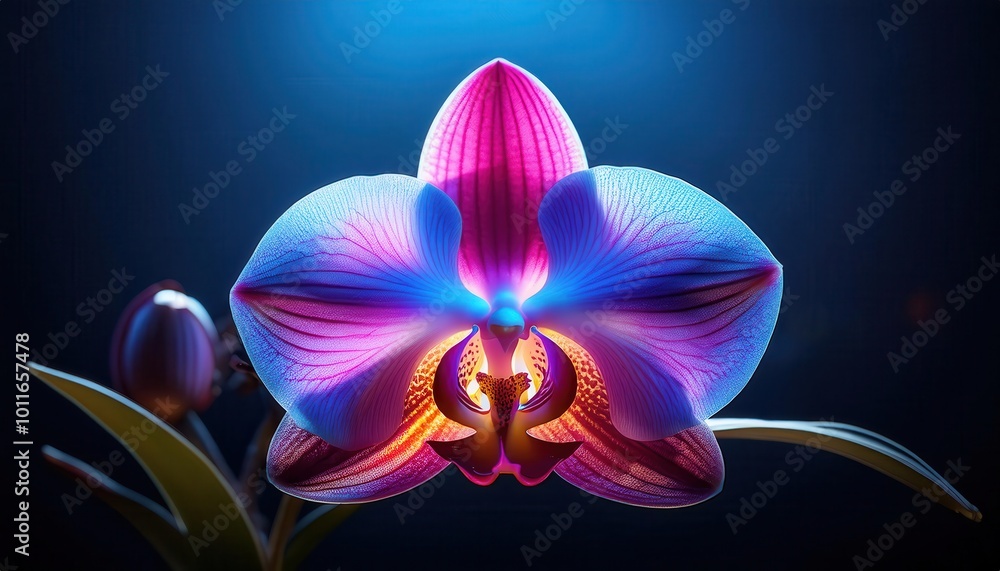 Poster Vibrant Macro Close-Up of a Colorful Orchid Flower with Intricate Veins and Radiant Petals, Illuminated by a Soft Bokeh Light Effect in a Deep Blue Background