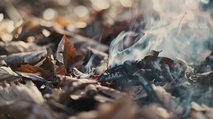 Smoke rises from leaves and logs in an outdoor setting, creating a rustic atmosphere surrounded by nature.