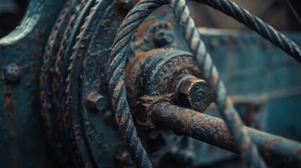 Rusted, heavy machinery with intricate cables and components representing the strength and durability of industrial engineering.