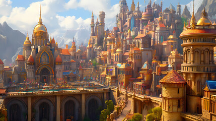 Fototapeta premium Fairy tale elven kingdom with beautiful buildings and a castle. Elven Kingdom. Illustration