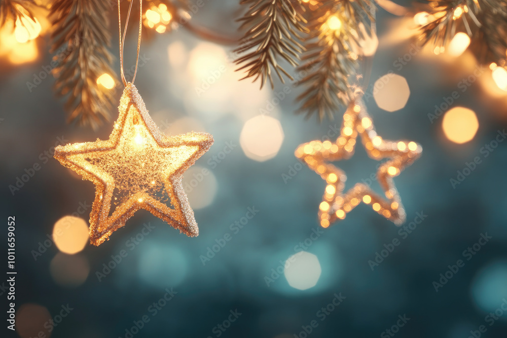 Poster festive stars and string lights adorning fir branches with a dreamy bokeh background