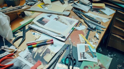 A cluttered artist's workspace filled with an array of papers, tools, and colorful implements, indicating creative chaos.