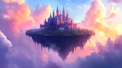 Fototapeta premium Fantasy floating island. digital art. concept art as wallpaper background. Floating Castle. Illustration