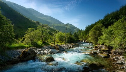 Crystal Clear Mountain Stream Flowing Through a Lush Green Valley in the Shadow of Majestic Peaks Under a Bright Blue Sky with Scattered Clouds