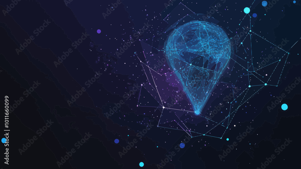 Poster abstract vector wireframe of a pin in starry space with points, lines, planets, and stars representi