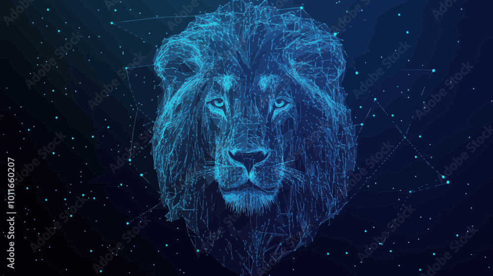 Aufkleber low poly wire frame lion head with dots and lines in rgb color mode - abstract polygonal art of wild