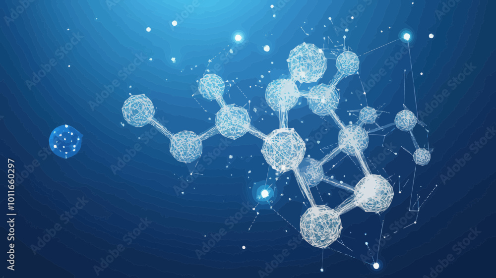Poster abstract molecule model low poly wireframe on blue background - science and medical concept with con