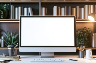 Fototapeta premium A blank white screen computer mockup on a desk