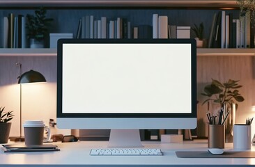  A blank white screen computer mockup on a desk