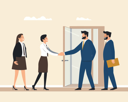 Warm Welcome New Employee Onboarding Business Manager Handshake Introducing New Hire to Team Office Orientation Training Vector Concept