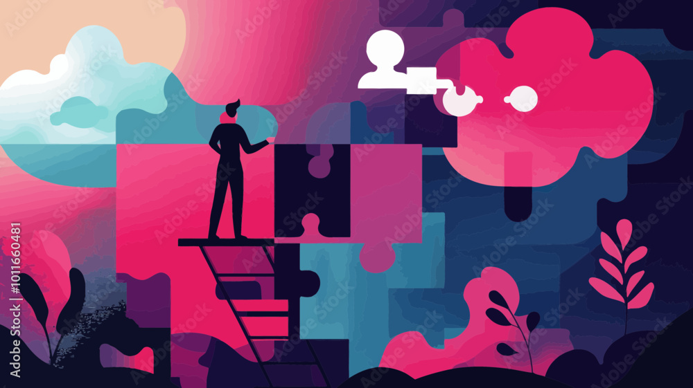 Poster creative business strategy concept with puzzle pieces and key elements for problem solving and succe
