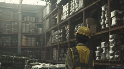 An industrial worker methodically surveys a vast warehouse filled with neatly organized shelves and stocked goods.