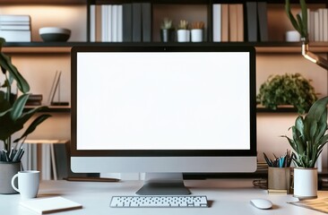 Fototapeta premium A blank white screen computer mockup on a desk