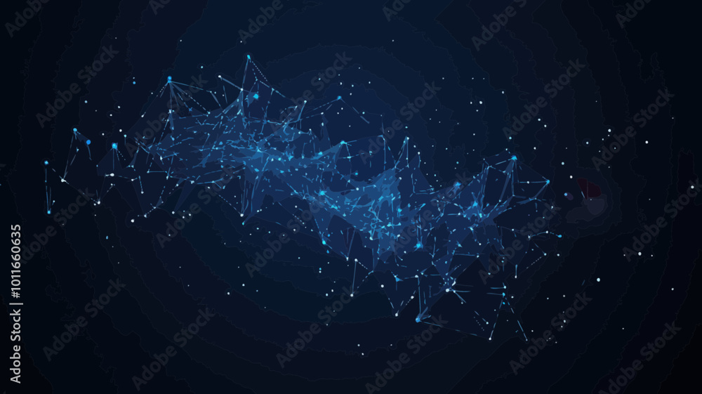 Poster abstract ai connectivity network with low poly mesh and blue particles, futuristic big data analysis