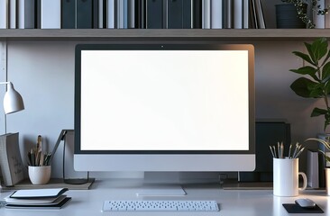  A blank white screen computer mockup on a desk