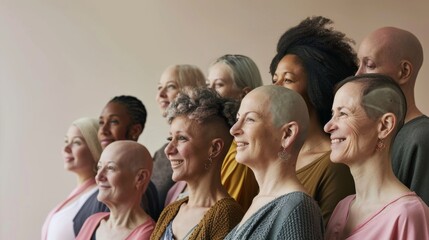 Fototapeta premium A diverse and happy group of women poses together, radiating confidence and unity against a neutral background.