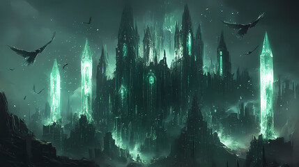 Futuristic city ruins with glowing crystals and flying birds. Dark Wizard's Tower. Illustration
