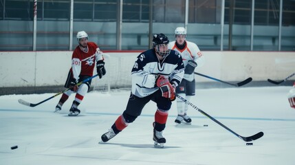 Hockey players are intensely navigating the rink, demonstrating skill and focus during a competitive game.