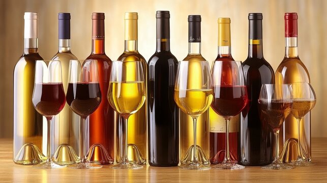 Una fila de botellas de vino en diferentes colores y tonalidades, acompa&ntilde;adas de copas a juego. Cada botella representa un estilo y sabor de vino &uacute;nico.