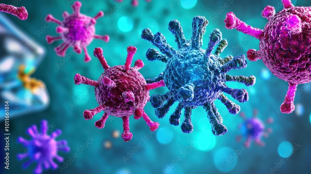 Poster colorful depiction of viruses in a microscopic view, illustrating their structure and complexity.