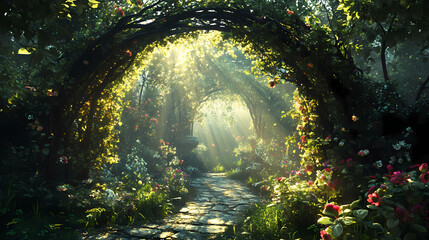 Fototapeta premium Garden of eden, exotic fairytale fantasy forest, green oasis. unreal fantasy landscape with trees and flowers. sunlight, shadows, creepers and an arch. 3d illustration. Enchanted Garden. Illustration