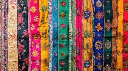 A colorful fabric design from South Asia, no people, with space for text or captions.