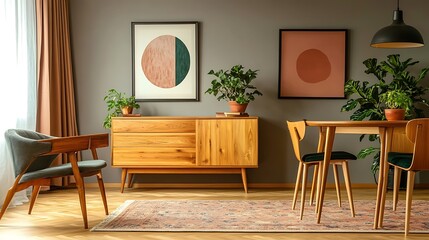 A mid-century modern dining room with a wooden table and chairs, a wooden cabinet, and two abstract paintings on the wall. The room has a warm, inviting feel and is decorated with plants and a rug.