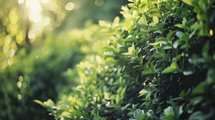 Sunlight kisses glossy green leaves in a tranquil garden, enhancing a sense of serenity and natural beauty.