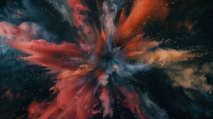 Cosmic explosion of vibrant powders blending seamlessly into each other, forming a breathtaking abstract art piece full of dynamic movement and color.