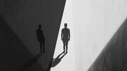 A striking silhouette of a person is cast on an expansive wall split by stark shadows and light, creating a dramatic and mysterious atmosphere.