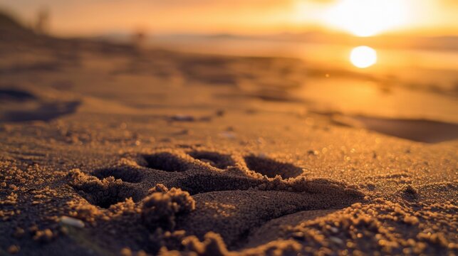 Warm, golden hues of a sunset illuminate a sandy beach, with an intriguing paw print, hinting at untold stories of creatures and adventures.