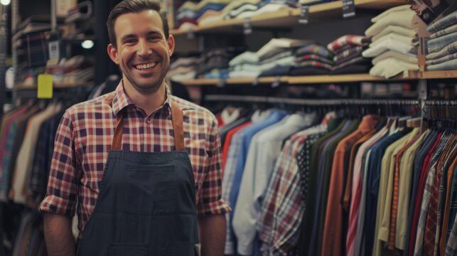 A welcoming shop employee in an apron standing amidst an orderly collection of shirts, ready to assist with a heartfelt smile.