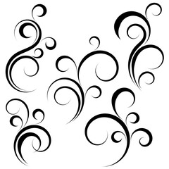 set with simple patterns of black swirls on white isolated background, floral design element