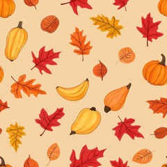 Obraz premium happy thanksgiving greeting background with pumpkins, butternut squash, maple leaves or leaf Vector illustration for Thanksgiving autumn, harvest festival