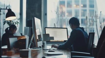 A dedicated individual works at a computer in an urban office, surrounded by the hustle and bustle of a modern cityscape through large windows.