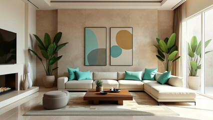 Fototapeta premium Modern Living Room with Teal Accents and Natural Light