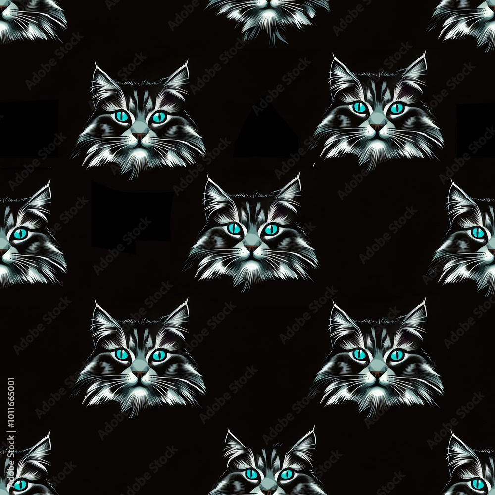 Poster seamless pattern with disappearing cat faces , free space text, copy space, copy space for text,