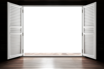 A bright, empty canvas framed by open shutters invites endless possibilities. Transparent background.