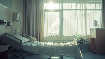 A quiet hospital room bathed in gentle morning light, highlighting an empty bed by the window, evoking a sense of calm yet solemnity.