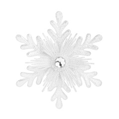 Fototapeta premium Snowflake Christmas tree ornament in white silver color isolated on white or transparent background. Festive and shiny design for seasonal decorations. Winter holiday and New Year decor