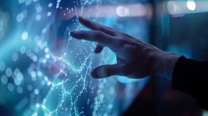 A hand interacts with a glowing digital interface, creating an ethereal, futuristic ambiance with luminescent nodes and lines against a dark backdrop.