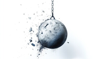Demolition wrecking ball with a chain on white background.