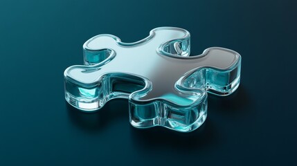 A sophisticated glass puzzle piece reflecting soft light on a dark background, highlighting its smooth, translucent design. This artistic representation of problem-solving and unity is ideal for