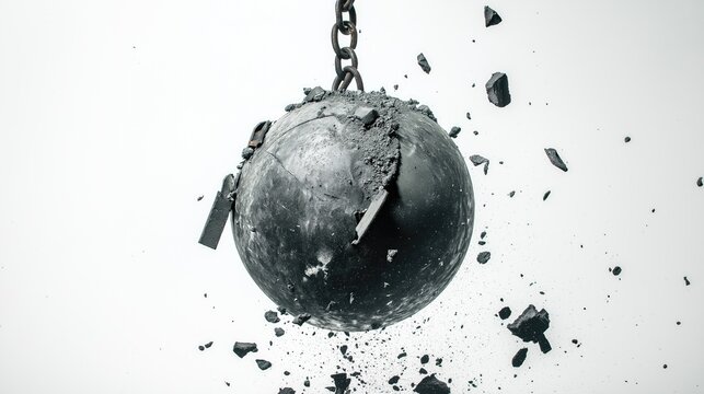 Metal demolition wrecking ball with a chain on white background. Wrecking ball on a chain with debris.