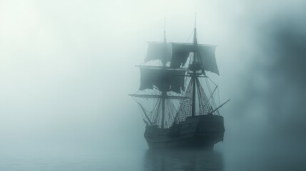 Fototapeta premium Creepy old ship in the fog. Ghost ship, a pirate ship.