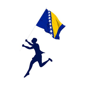 recommend clip art: Vector illustration of man running and holding Bosnia and Herzegovina flag in hands on transparent background