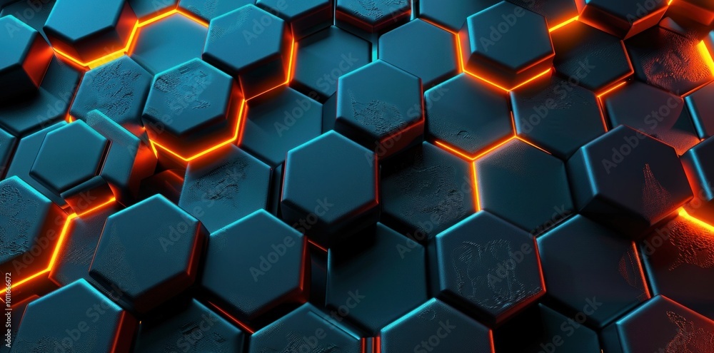 Poster futuristic hexagonal pattern with glowing edges on a dark surface